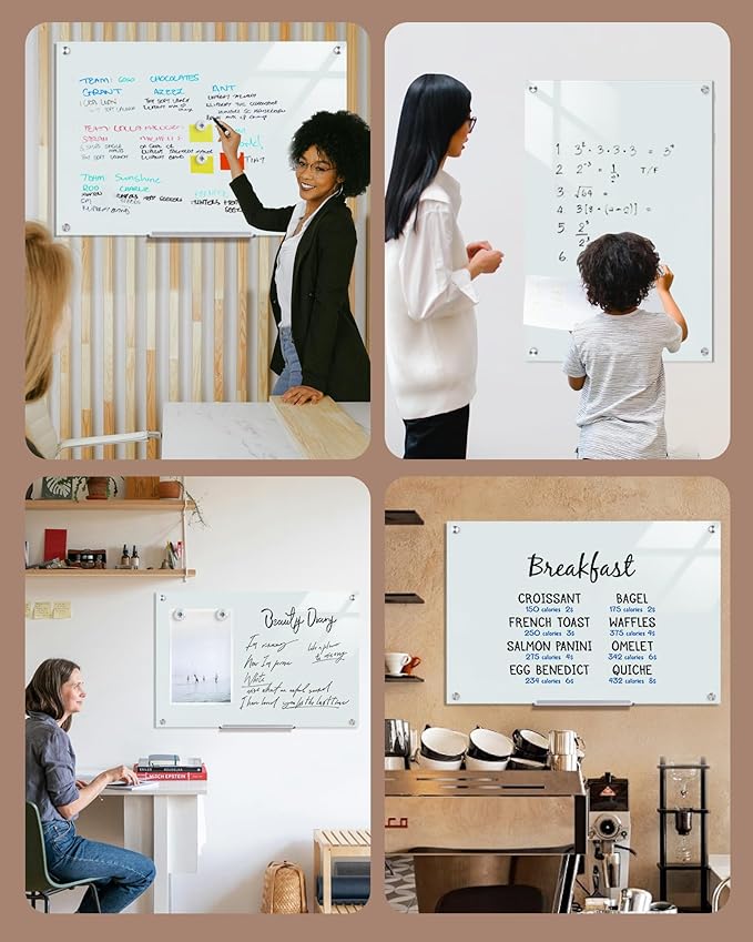Mifuro Magnetic Glass Whiteboard，36"x24" Wall Mounted Frameless Dry Erase Board for Office, Home & School White