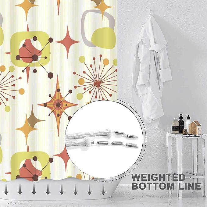 Mid Century Shower Curtain, 72x72inch, Modern Abstract Retro Yellow Striped Geometric Shower Curtain Sets 1950s Boho Bathroom Shower Curtain with 12 Hooks