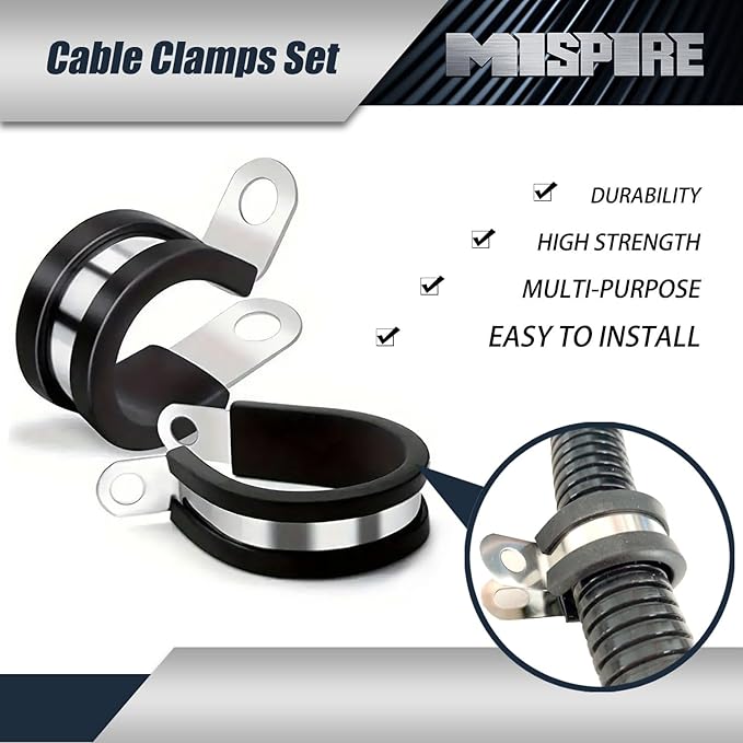 MISPIRE 25 Pack Cable Clamps Assortment Kit, 304 Stainless Steel Rubber Cushion Pipe Clamps in 3 Sizes 1/2", 3/4", 1"