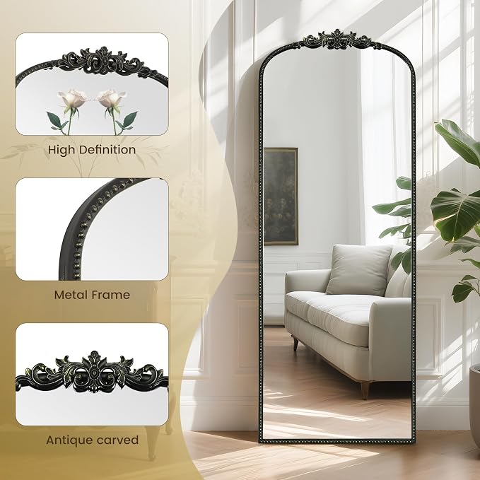 WallBeyond Arched Full Length Mirror Wall Mounted, 21x56 Inch Black Antique Mirror, Vintage Metal Frame Full Body Mirro for Bedroom, Living Room, Hanging or Leaning