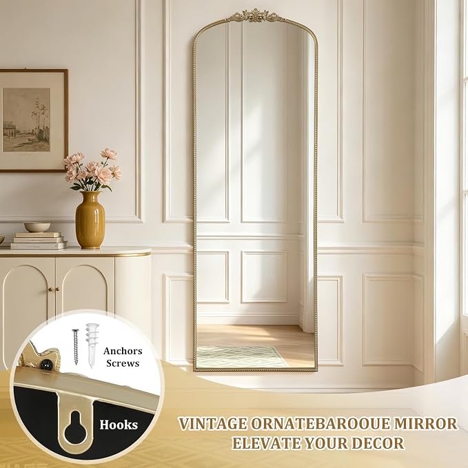 WallBeyond Gold Vintage Full Length Mirror with Stand for Vanity 24x70 Inch, Gold Antique Mirror with Ornate Frame, Arched Vintage for Bathroom, Living Room, Bedroom, Entryway