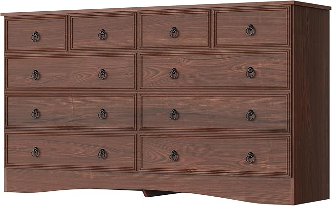 Dresser for Bedroom with 10 Drawers, Large Chest of Drawers Storage Organizer, Long Dresser Storage TV Stand for Living Room, Bedroom, Hallway Cherry Wood