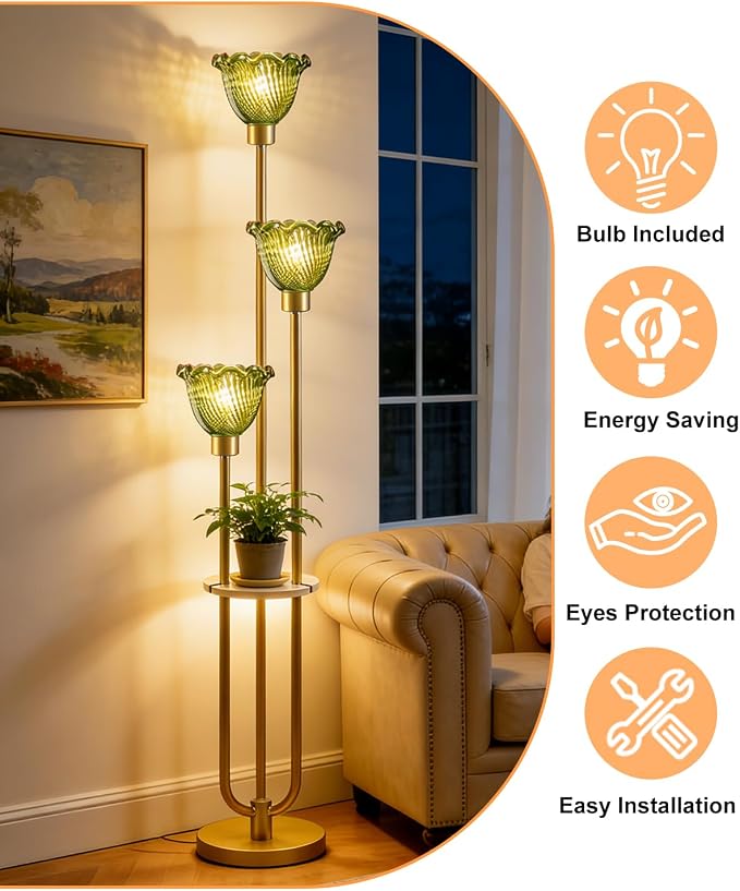 Lightdot Green Glass Floor Lampfor Living Room Gold Floor Lamp with Glass Shade & 3000K Bulbs Included 3-Lights Modern Tall Standing Lamp with 5Lbs Heavy Base for Bedroom/Sofa Beside/Corner Decor