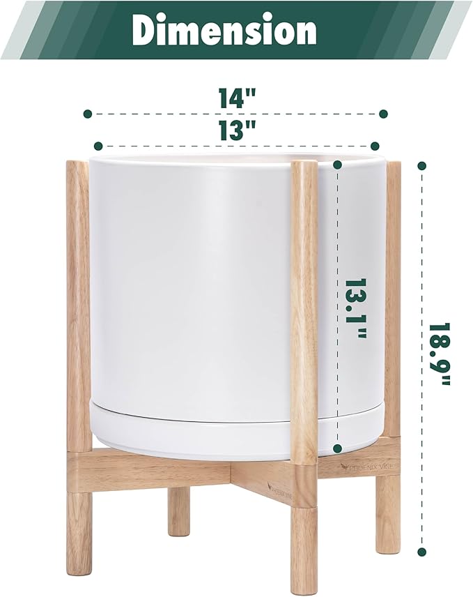 D'vine Dev Ceramic Planter with Natural Stand - 14 Inch Modern Round Flower Pot with Wood Planter Holder, White, 55-B-R-1