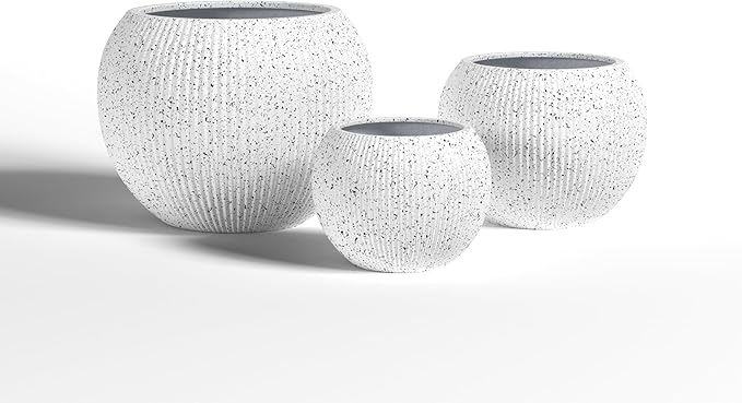 DTY Signature Mount Sherman Modern Indoor Outdoor Fiberstone Sphere Planter, Durable Round Garden Pot, Weather Resistant, Drainage Hole & Rubber Plug,Planter for Christmas Tree (Ribbed White, Small)