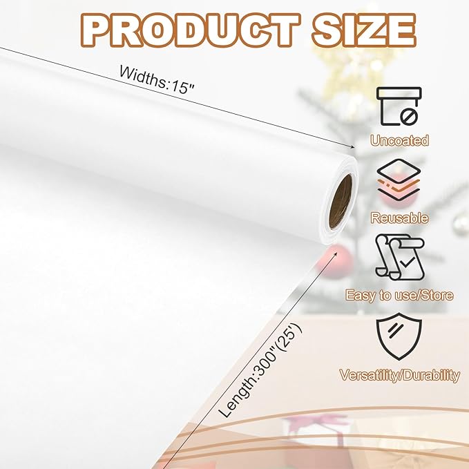 PATIKIL Wrapping Paper, 15" x 300"(25') 70 GSM Craft Paper Roll Kraft Packing Paper for Poster Bulletin Board, Gift Wrapping, White