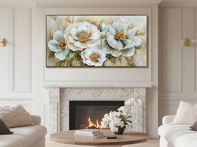 Arjun Framed Canvas Wall Art for Bedroom, Large Wood Frame Vintage Flower Painting Living Room Textured Artwork Gold Picture Bloosom Dining Room Kitchen Home Office Wall Decor, 40"x20"