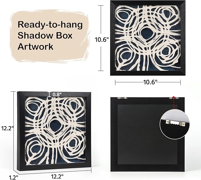FOLKOR Abstract Wall Art Framed for Modern Home Office, 12" Handmade Rice Paper Spiral Artwork Maximalist Decor, Black and White Geometric Shadow Box Wall Panel for Bedroom Hallway Decoration