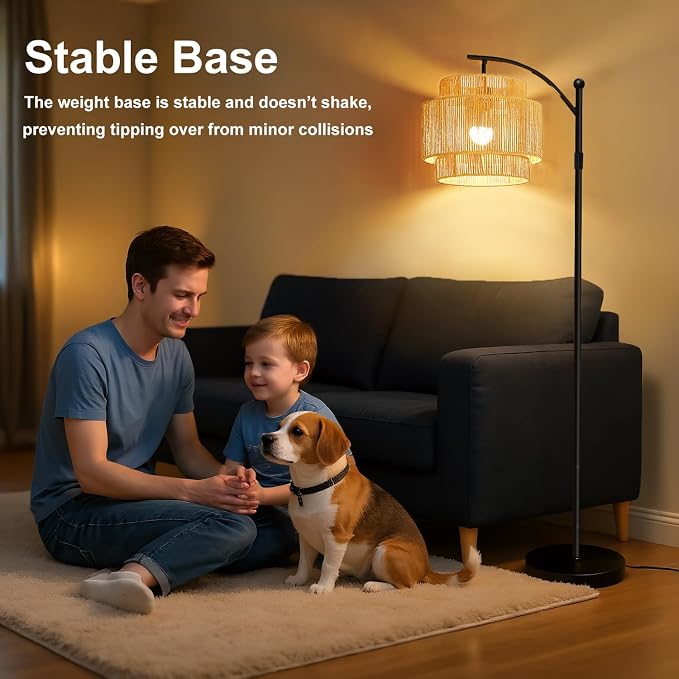 Rattan Floor Lamp with 3 Color Temperatures, Dimmable Boho Floor Lamp with Remote Control, Adjustable Height Tall Lamp for Living Room, Bedroom, Office, Wicker Standing Lamp with Foot Switch