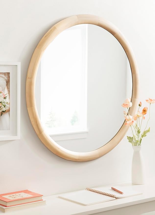 Kate and Laurel Dessa Modern Round Wooden Wall Mirror; 32 Inch Diameter; Natural; Transitional Circle Bathroom Vanity Mirror with Chunky Rounded Profile and Solid Poplar Wood Frame