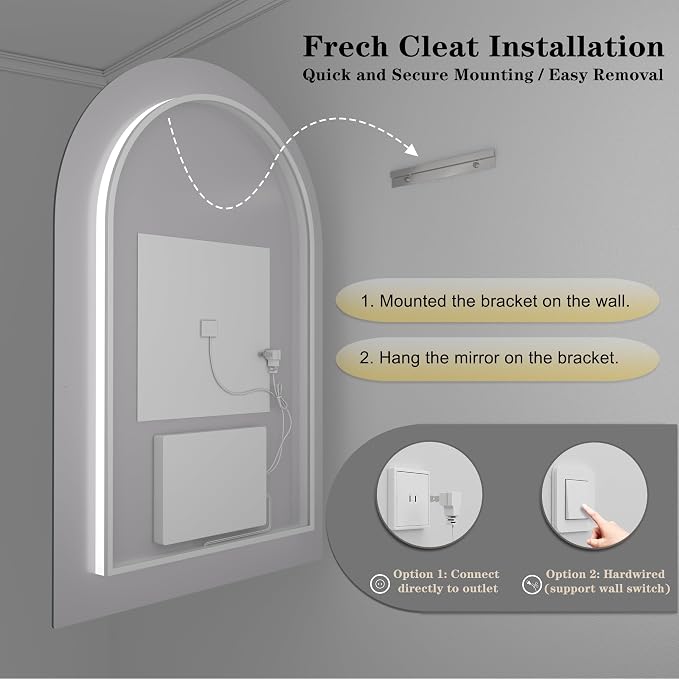 Backlit Arched LED Bathroom Mirror 40x30 Inch, Dimmable Arched LED Vanity Mirror with Lights, Anti-Fog, 3 Colors, Memory, ETL Listed