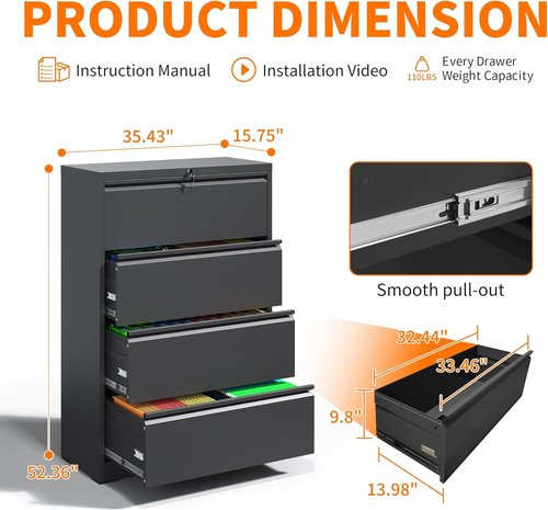 Regine Switzerland 4 Drawer Lateral File Cabinet - Heavy Duty Metal Design for Legal/Letter Size Files