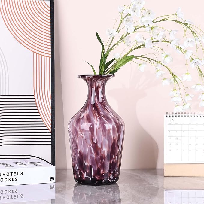 Hand Blown Glass Vase Plum – Murano Style Art Glass Vase with Wide Mouth for Flowers, Bubble Vase, Decorative Centerpiece for Dining Table, Coffee Table or Living Room Display (Purple)