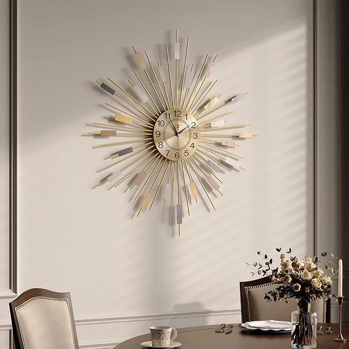 Cuspin Large Wall Clock 24 Inch, Colorful Gold Clocks for Living Room Decor, Decorative Mid Century Modern Sunburst Battery Operated Wall Clock for Bedroom, Kitchen, Office