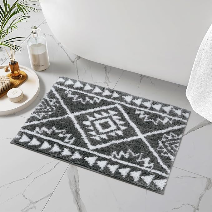 Uphome Gray Bath Mat Western Boho Bathroom Rugs Tribal Non-Slip Machine Washable Bathroom Mats Plush Soft Absorbent Farmhouse Shower Mat for Toilet Sink Tub, 18x26 inch