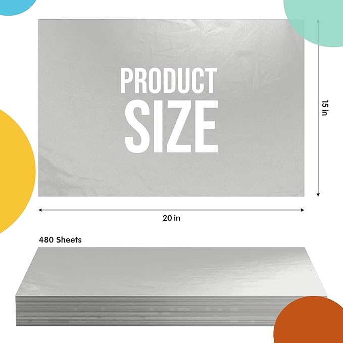 Party Solids Silver Tissue Paper for Gift Bags - 15" X 20" Bulk Tissue Paper Silver 480 Sheets - 10lb Newsprint for Packing, Birthday Gift Box Filler, Packing Supplies for Moving Supplies