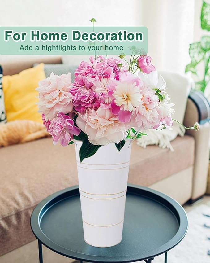 vensovo 12 Inch Galvanized Metal Vases for Flowers - 2 Pcs Farmhouse Decorative Tall Flower Bucket with Handles, Rustic French Tin Planter Buckets for Wedding Decor (White)