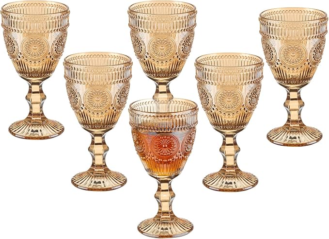 Vintage Wine Glasses Set of 6, 10 Ounces Colored Glass Water Goblets, Unique Flower Embossed Pattern High Clear Stemmed Glassware Wedding Party Bar Glass Drinking Cups Flower Amber Fancy Glasses