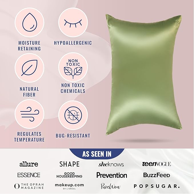 Blissy Silk Pillowcase - 100% Pure Mulberry Silk - 22 Momme 6A High-Grade Fibers - Silk Pillow Cover for Hair & Skin - Regular, Queen & King (Olive, Queen)