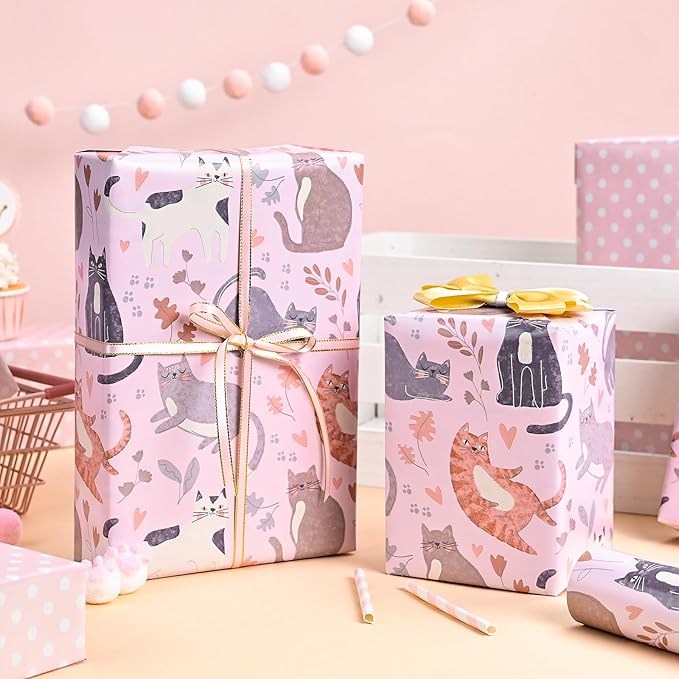 Burymento Reversible Cat Design Wrapping Paper Roll - Pink and white polka dot design on the other side, suitable for Valentine's Day, Birthday, Mother's Day, Wedding, Baby Shower