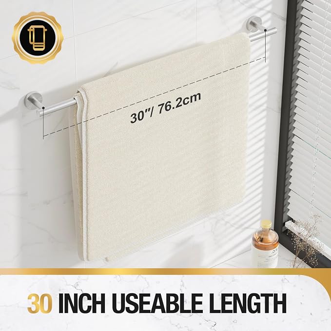 HITSLAM Brushed Nickel 30 Inch Towel Bar for Bathroom, SUS304 Stainless Steel Bathroom Towel Rack Wall Mounted, Modern Home Decor Bath Towel Holder with Hardware Accessories (Total Length 31.6 Inch)