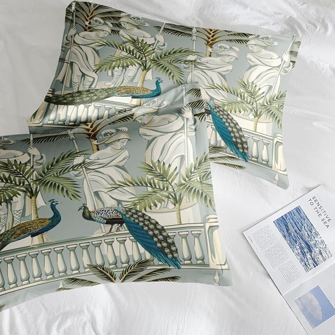 Comforter Set King Size, Peacock Bird Animal 7 Pcs Bedding for Kids and Adults, Floral Botanical Grey Green Bed Sheet Sets with Fitted Sheet 2 Pillowcase & 2 Sham for Bedroom Bed Decor