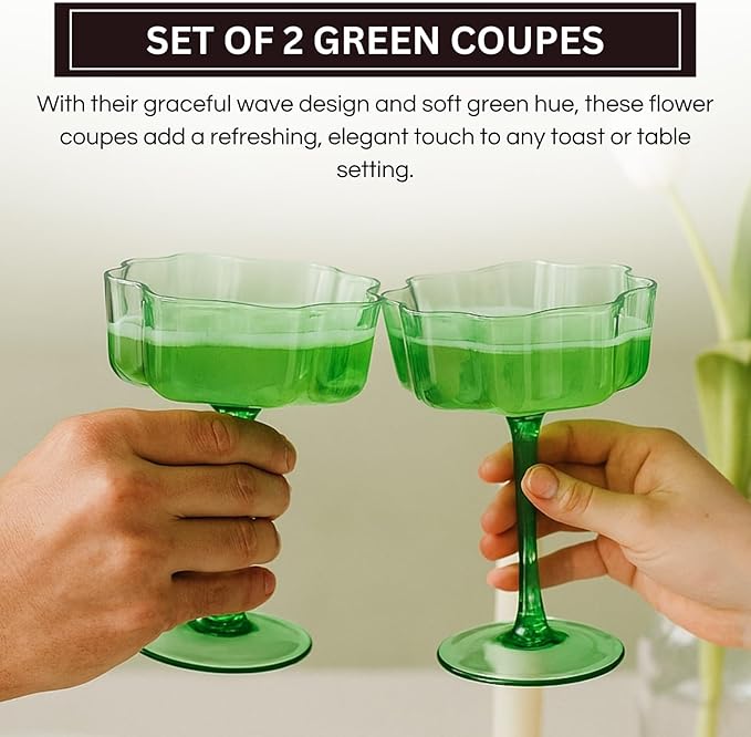 Flower Scalloped Vintage Wavy Petals Wave Glass Coupes 7oz Colorful Martini, Champagne & Cocktails, 2 Sage Green Set Amber Rippled Champagne Glasses, Elegant Bar Glassware, Aesthetic Coupe Glassware