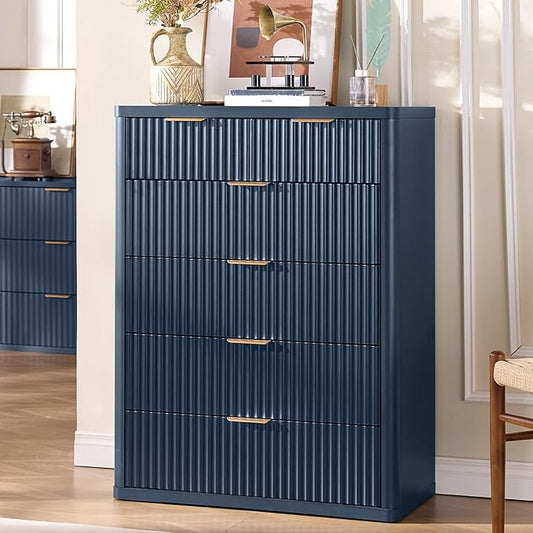 LEYAOYAO Fluted 6 Drawers Dresser for Bedroom, 42" Tall Modern Chest of Drawers with Metal Handle, Curved Profile Design,Navy Blue Wood Drawer Organizer for Bedroom, Living Room, Hallway, Entryway