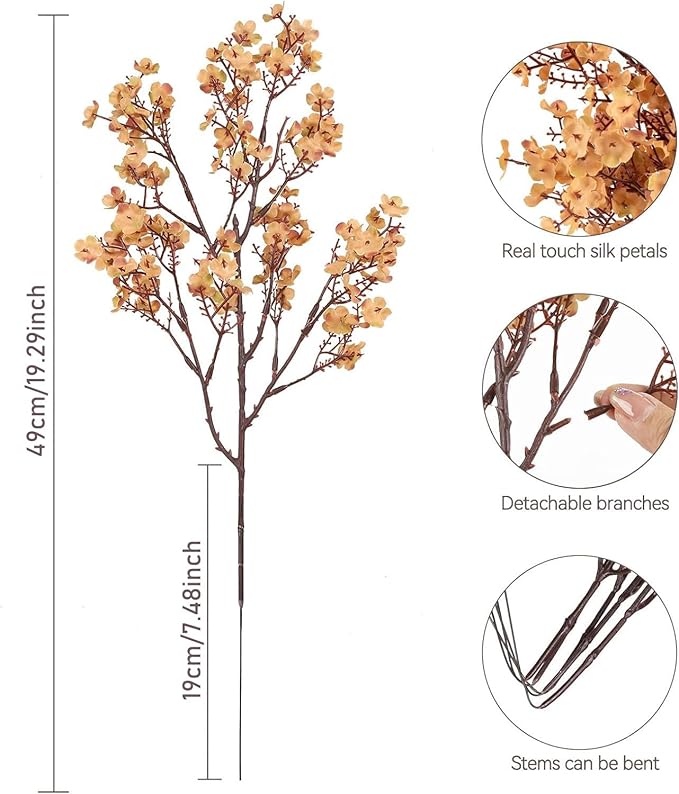 Babys Breath Artificial Flowers, 8 Bundles Real Touch Light Brown Fake Flowers Silk Flowers Bulk for Vase Home Office Wedding Spring Indoor Outdoor Centerpiece Table Decorations