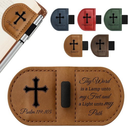 Bygone Mark Personalized Leather Bookmark with Pen Holder - Inspirational Bible Verse Design (Brown, Psalm 119:105)