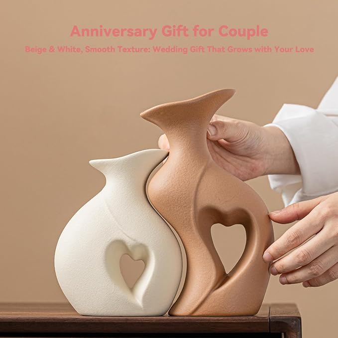 Heart Linked Couple Vase Set - 2-Pcs Beige & Brown Ceramic Vases with Hollow Heart Design, Romantic Gifts for Couples, Wedding Decor for Couple,Decorative Vase for Living Room/Dresser