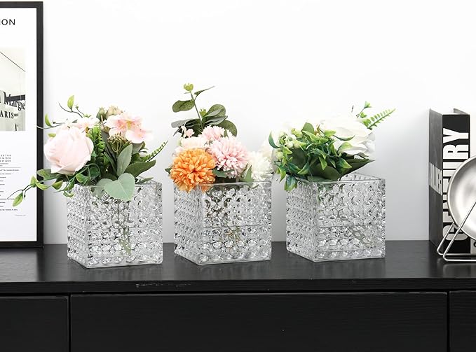 MARTAGE Square Vases Set of 6, 4" x 4" x 4" Square Glass Vases for Flowers, Clear Flower Vase for Centerpieces, Small Bubble Vase for Wedding, Party, Home, Office, Parties, Events