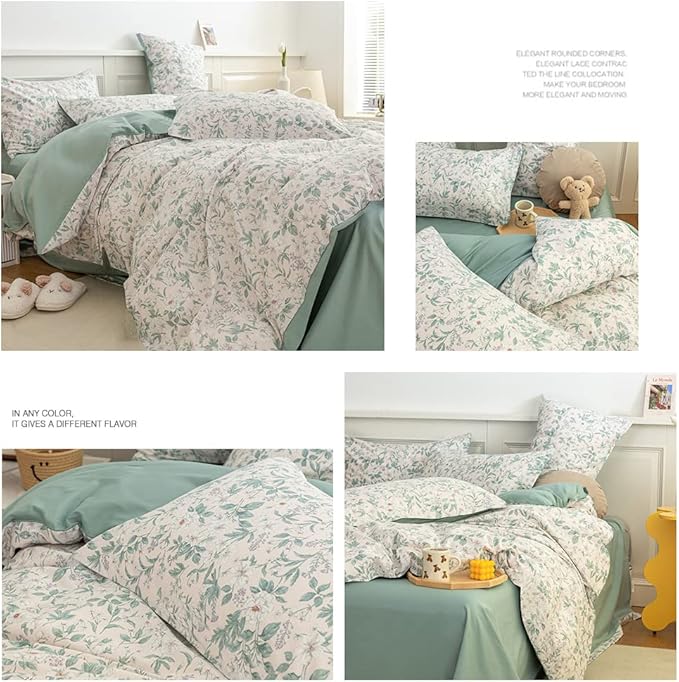 EAVD Vintage Style Garden White Floral Duvet Cover Queen Soft 100% Cotton Flower Green Leaves Botanical Bedding Set with 2 Pillowcases Chic Botanical Floral Comforter Set Aesthetic Bedding Set