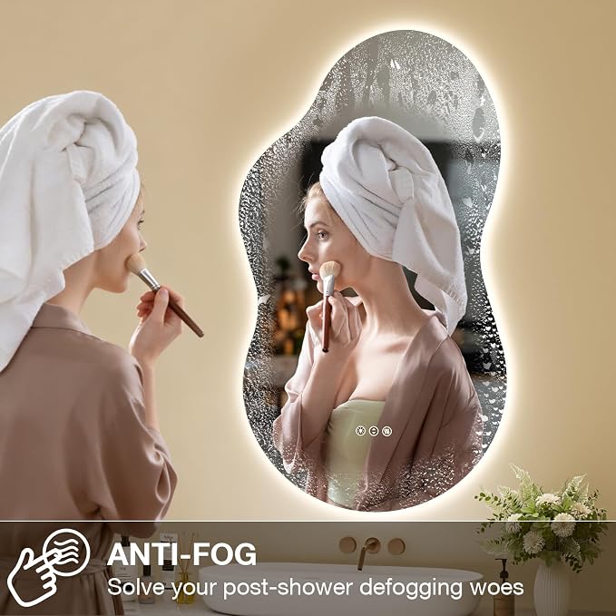 Irregular Cloud Backlit Bathroom Mirror 20x36 Inch, LED Vanity Mirror with Lights Anti-Fog, Dimmable 3 Colors, 4mm Tempered Glass, Horizontal/Vertical Wall Mount for Bathroom or Makeup Area