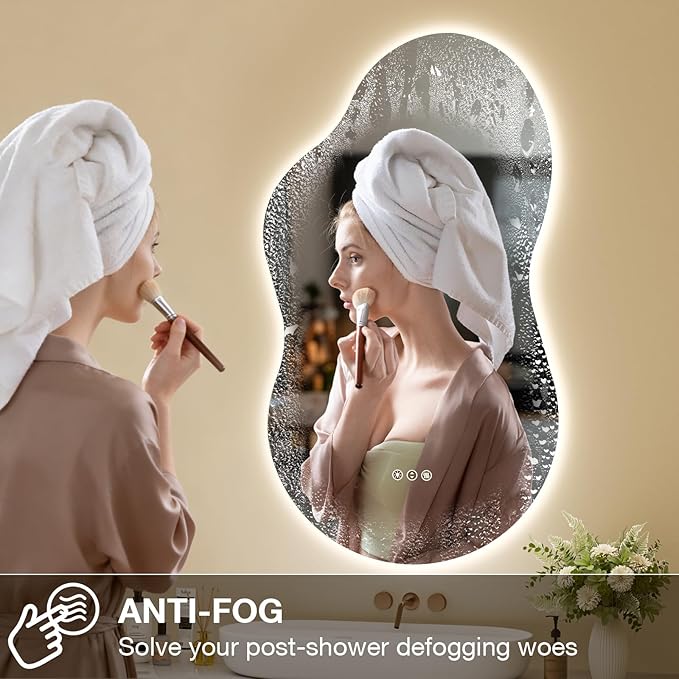 Irregular Cloud Backlit Bathroom Mirror 40x24 Inch, LED Vanity Mirror with Lights Anti-Fog, Dimmable 3 Colors, 4mm Tempered Glass, Horizontal/Vertical Wall Mount for Bathroom or Makeup Area