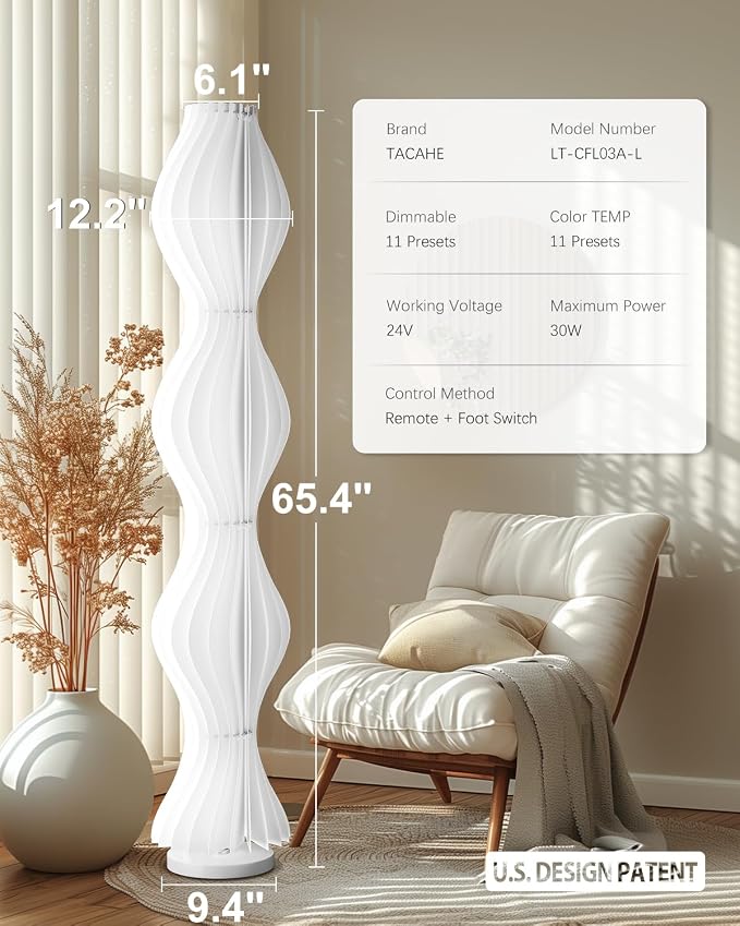 TACAHE Wave Skirt Floor Lamp - 3 Color Temp & Dimmable - Column Standing Floor Lamp with Foot Switch & Remote - 21 Sheets Lampshade - Modern Ambient Light for Living Room - 30W - 66"