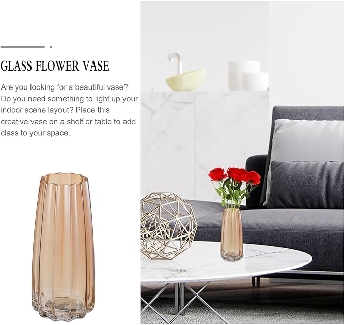 TOYANDONA Creative Electroplated Ribbed Amber Glass Vase Desktop Floral Container for Home Decoration and Flower Arrangement Gift for Special Occasions