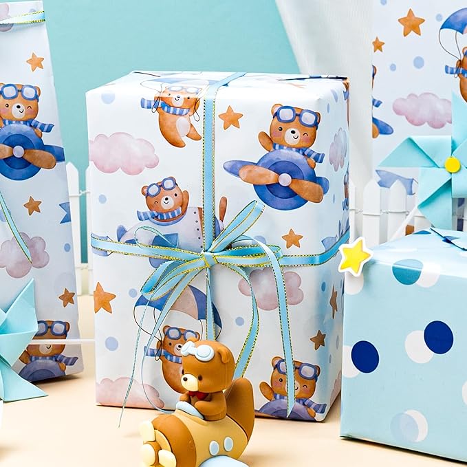 HOMERAL Baby Boy Wrapping Paper Roll - Adorable Blue Pilot Bear Design, Reversible Gift Wrap for Boy Birthday, Boys Baby Shower, Gender Reveal - Stars, Dots, Airplane and Parachute - 17 Inch x 33 Feet