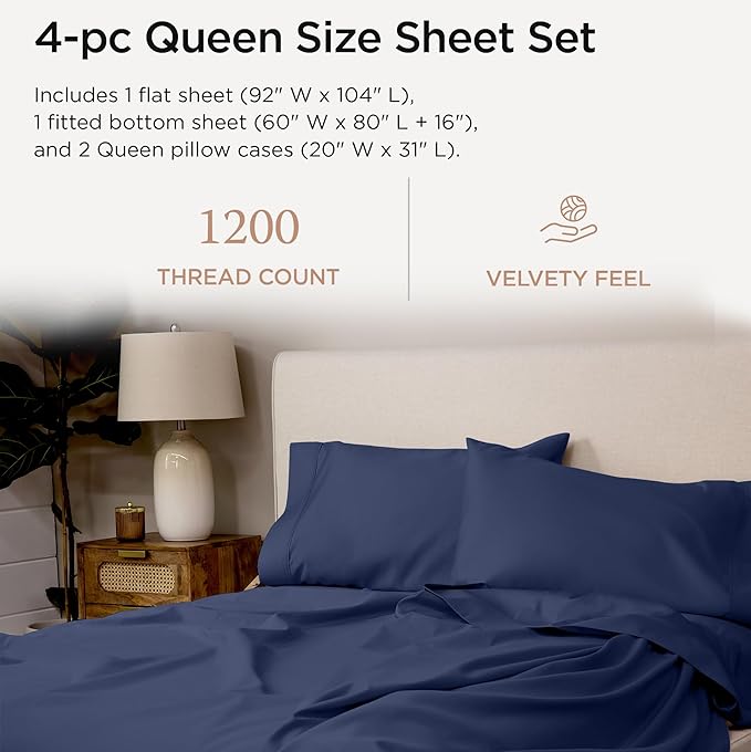 Threadmill Supima Cotton Sheets Queen, 1200 Thread Count Queen Sheet for Queen Mattresses, 4 Piece Luxury Bed Sheets, Sateen Weave Hotel Quality Sheets with Elasticized Deep Pocket, Folkstone Blue
