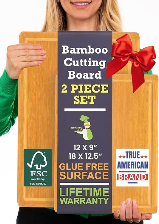 Extra Large Bamboo Cutting Board Set of 2 – Wood Cutting Boards for Kitchen with Glue-Free Surface™ & Juice Groove – Non-Toxic Wooden Chopping Boards, FSC-Certified, Durable Carving Boards - Rectangle
