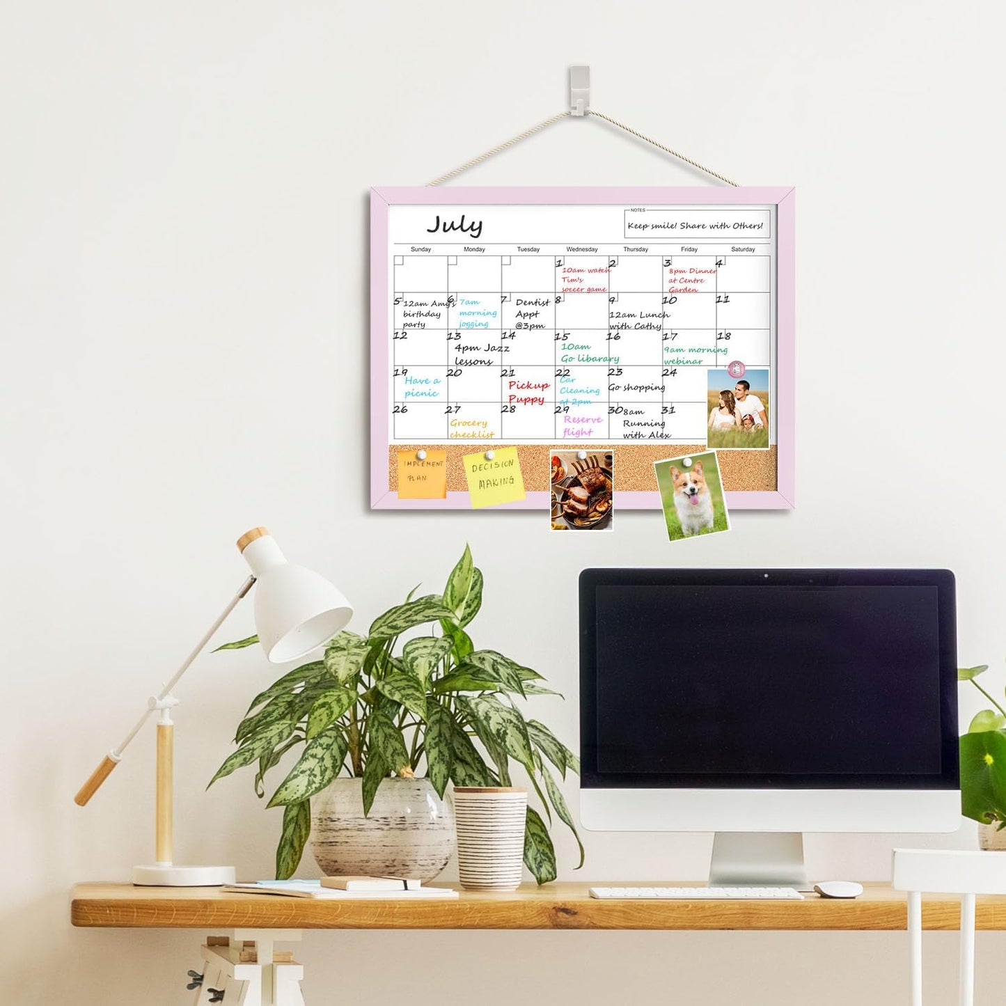 Skiennix Dry Erase Calendar Cork Board Combo - 17x13 Inch Magnetic Whiteboard with Pink Frame for Home & Office Planning
