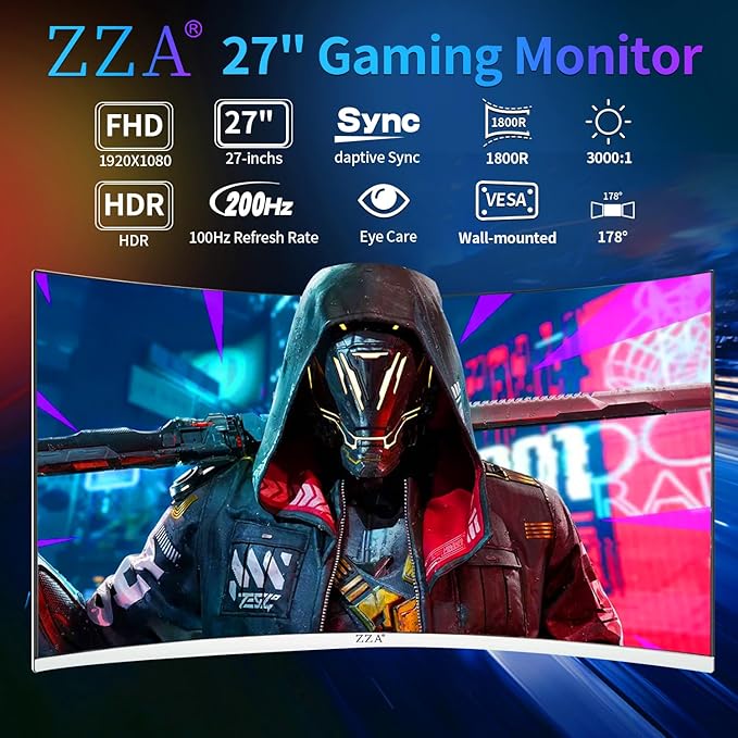 ZZA 27" Curved Gaming Monitor, Full HD(1920x1080P) VA Panel 1800R Computer Monitor,200HZ CP Screen,100% sRGB,3Sides Frameless, Flicker-Less,Blue Light Filter, for Office & Gaming
