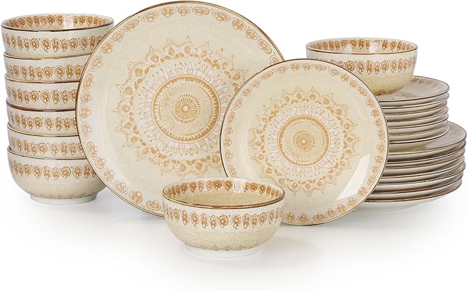 Sweejar 24 Piece Dinnerware Sets for 8, Porcelain Plates and Bowls Set for Kitchen, Housewaring Gift, Chip and Scratch Resistant, Easy Cleaning Dishes Set, Stack Compactly Dishware, Bohemian