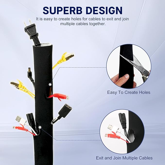 Cable Management Sleeve 6.6ft (80 inch) - 1.5 inch, Hook-and-Loop Cuttable Neoprene Cord Organizer, Split Wire Reversible Cord Protector for TV USB PC Ethernet Cable Hider Protect Pets Kids