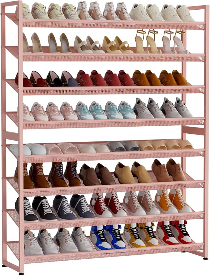 NEYCIL Large Shoe Rack 8 Tier Shoe Organizer, Heavy Duty Metal 4-Tier Stackable Shoe Storage Vertical Shoe Rack for Closet Front Door Entrance, Up to 50 Pairs, 44.8" W x 11.4" D x 56.7" H, Pink