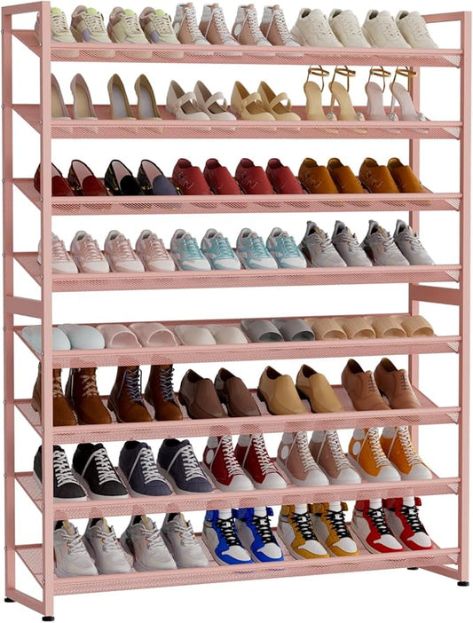NEYCIL Large Shoe Rack 8 Tier Shoe Organizer, Heavy Duty Metal 4-Tier Stackable Shoe Storage Vertical Shoe Rack for Closet Front Door Entrance, Up to 50 Pairs, 44.8" W x 11.4" D x 56.7" H, Pink