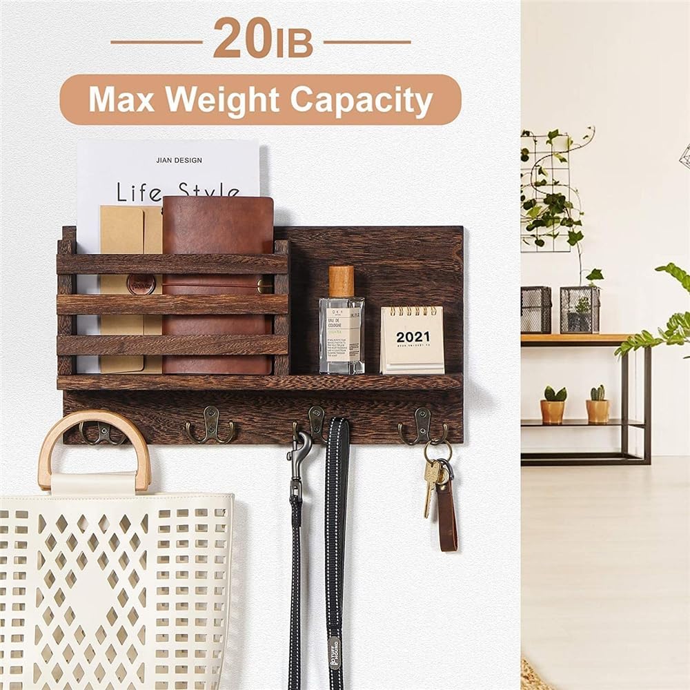 Wooden Key Holder | Rustic Wall Organizer with Hooks - Stylish Mail & Key Chain Storage