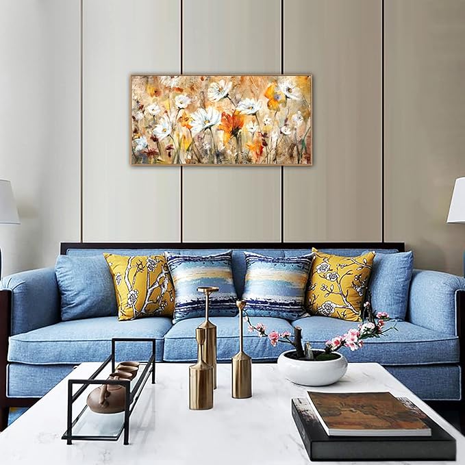 Framed Abstract Floral Wall Art for Living Room Decor Flowers Canvas Wall Pictures White Red Orange Yellow Brown Modern Daisy Artwork Canvas Prints Bedroom Kitchen Office Home Wall Decor 20"x 40"