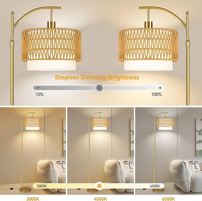 Gold Floor Lamps for Living Room Rattan Boho Floor Lamp with Remote Control & 3 Color Temperature, Dimmable Arc Floor Lamps Wicker Lamp Shades Brass Standing Lamp Tall Floor Lamp For Bedroom Corner