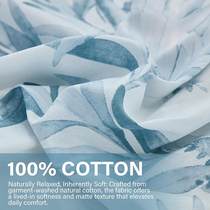 100% Cotton Duvet Cover Queen Size 3 Pieces, Blue Leaf Duvet Cover with Zipper Closure, Soft Floral Bedding Set White and Blue for All Season, Breathable, Ultra Soft